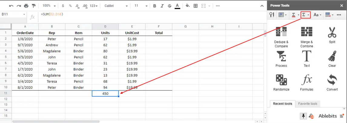A spreadsheet with a red arrow pointing to the sum of the numbers in column D.