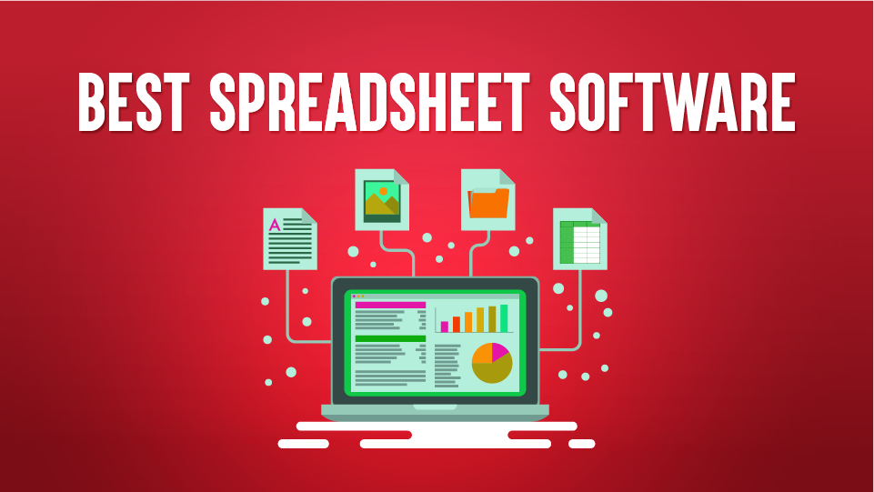Laptop screen with a spreadsheet open, displaying the text "BEST SPREADSHEET SOFTWARE" on a red background
