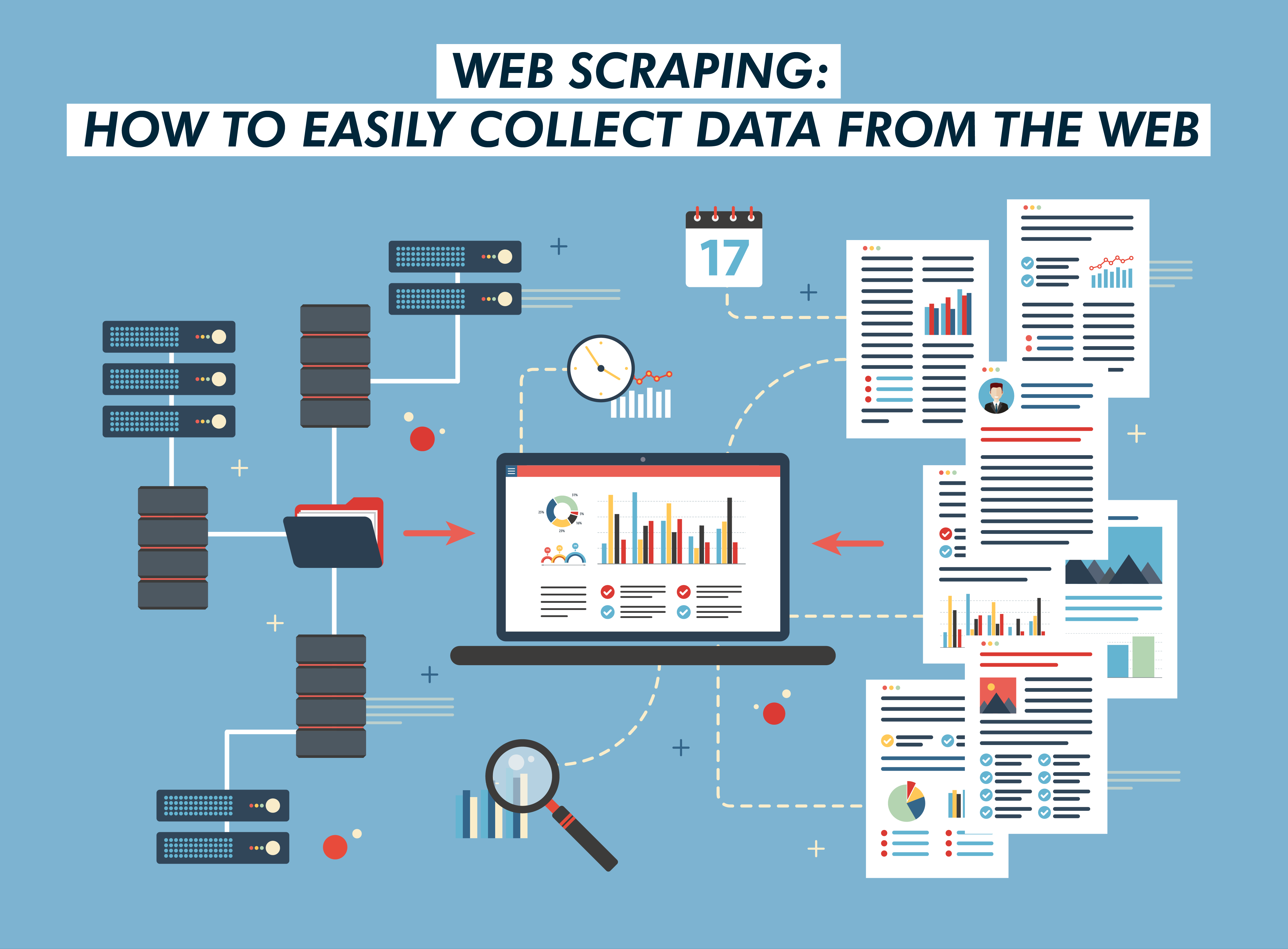 "Web Scraping: How to Easily Collect Data from the Web," depicting various elements such as servers, documents, and charts to illustrate the process of gathering data from the internet.