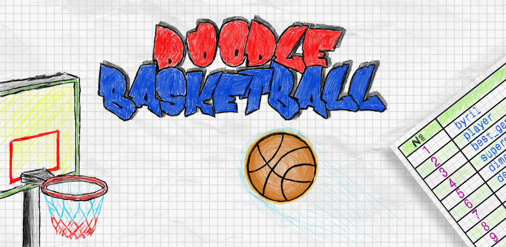 Hand-drawn sketch, resembling a Google Doodle, featuring the words "Doodle Basketball" alongside a basketball and hoop, rendered in a style that mimics a school notebook.