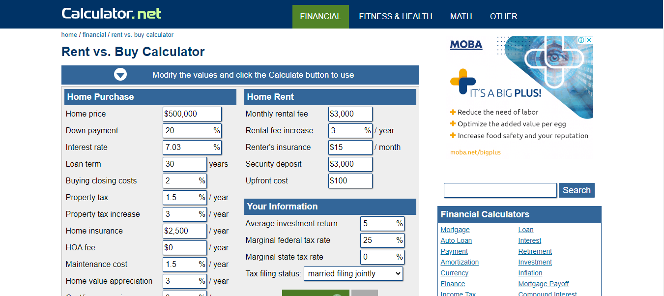 Screenshot of Calculator.net Rent Vs. Buy Calculator home
