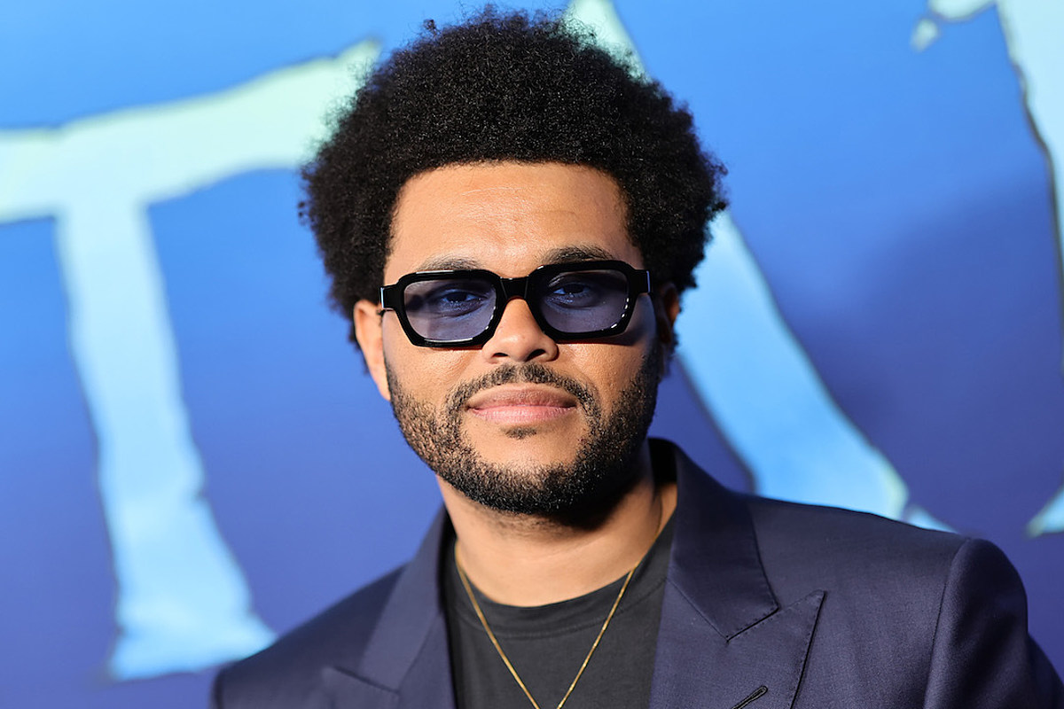The Weeknd wearinga blue coat and sunglasses