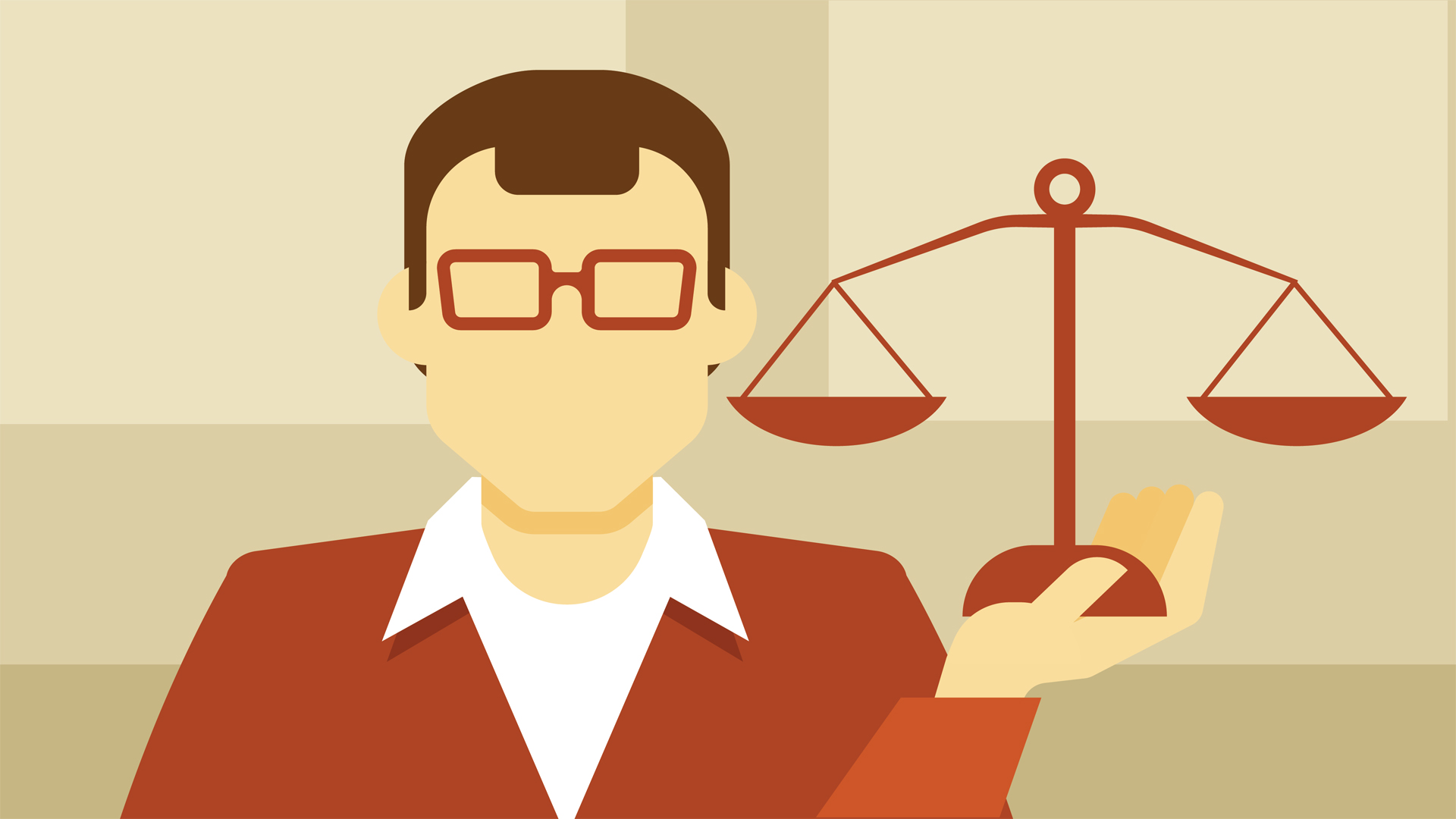 Simplified illustration of a male figure, possibly a lawyer or judge, with a balanced scale in hand, symbolizing justice, legal balance, or fair decision-making.
