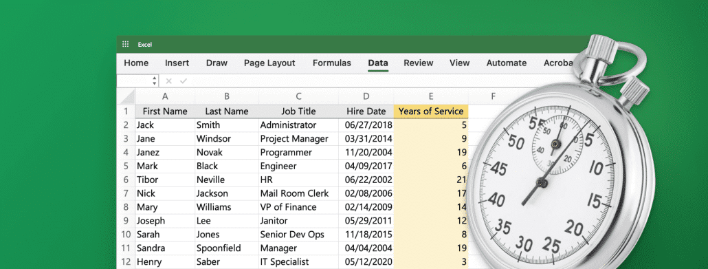 Excel spreadsheet with columns for 'First Name', 'Last Name', 'Job Title', 'Hire Date', and 'Years of Service', along with a stopwatch, indicating a focus on tracking employee tenure or time-related data.