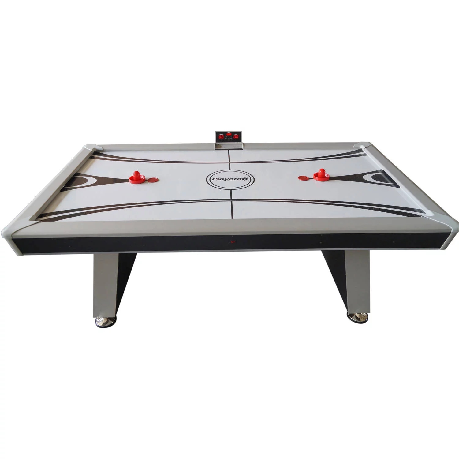 Pucks and pushers on the Playcraft - Center Ice 7' Air Hockey Table's playing surface