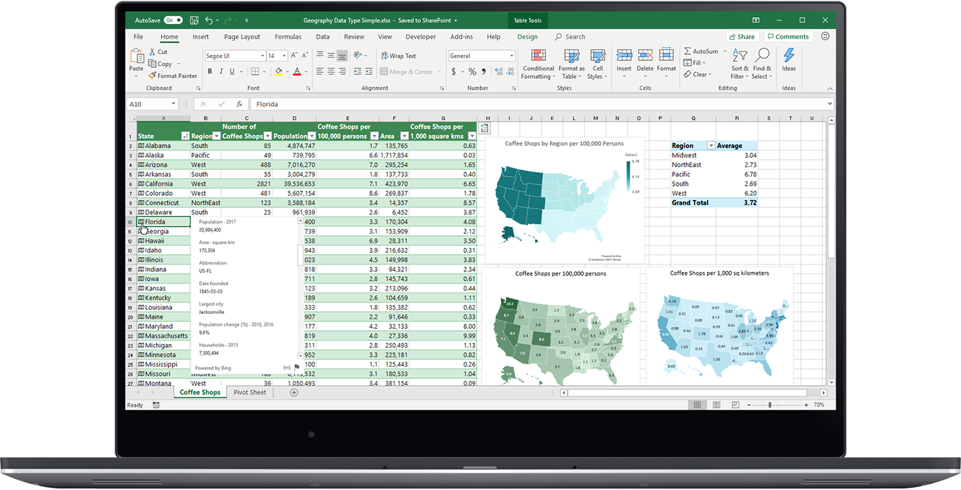 Excel spreadsheet with a data set actively using features like filters and conditional formatting, alongside two embedded geographic data visualizations indicating some form of data analysis or reporting.