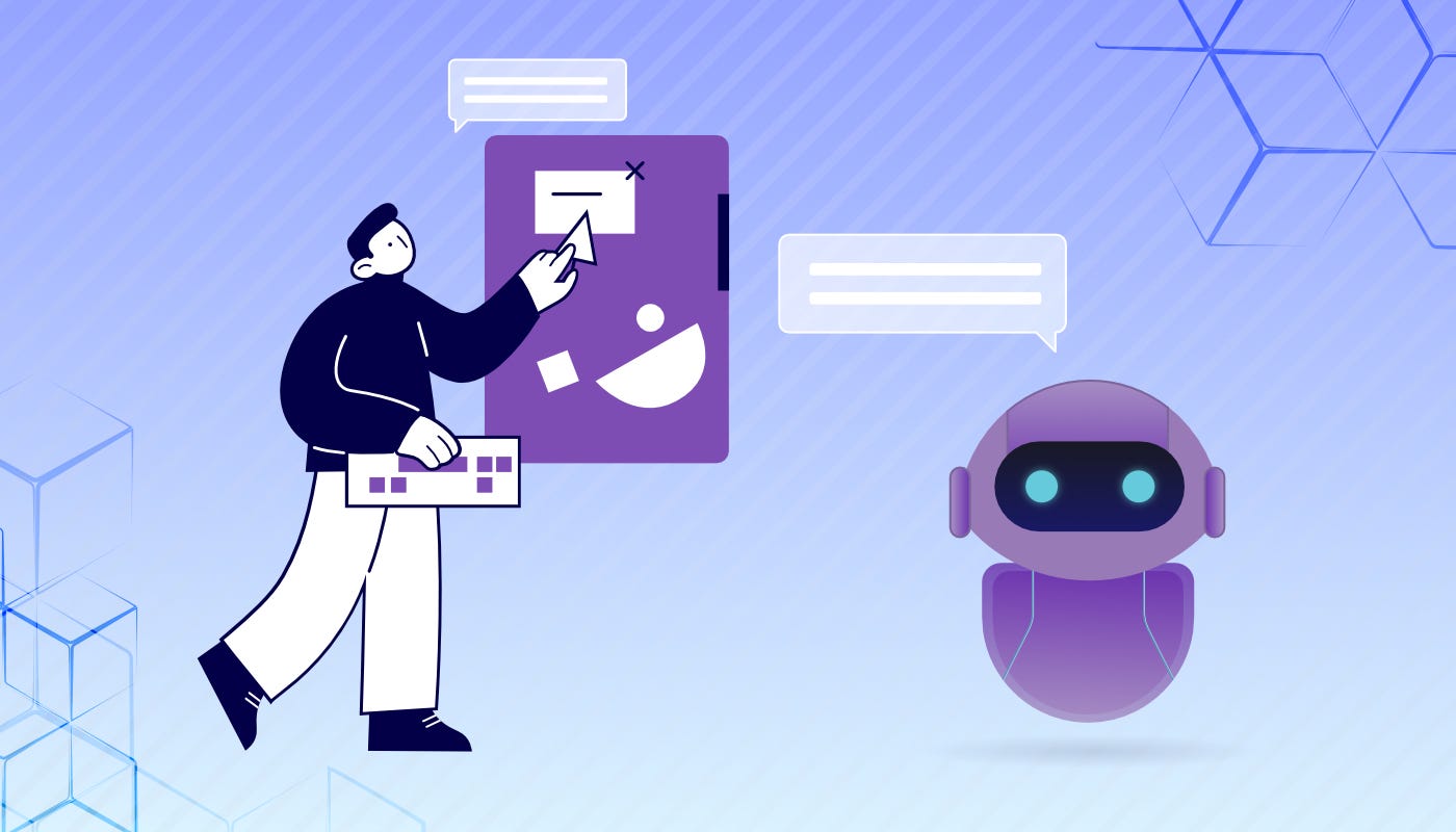 Interaction between a human figure using a digital interface and a chatbot, highlighting the human-AI interaction in the realm of digital communication.
