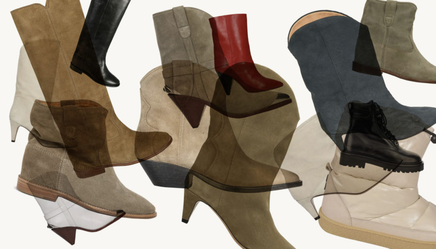 A collage of different types of boots on a white background.