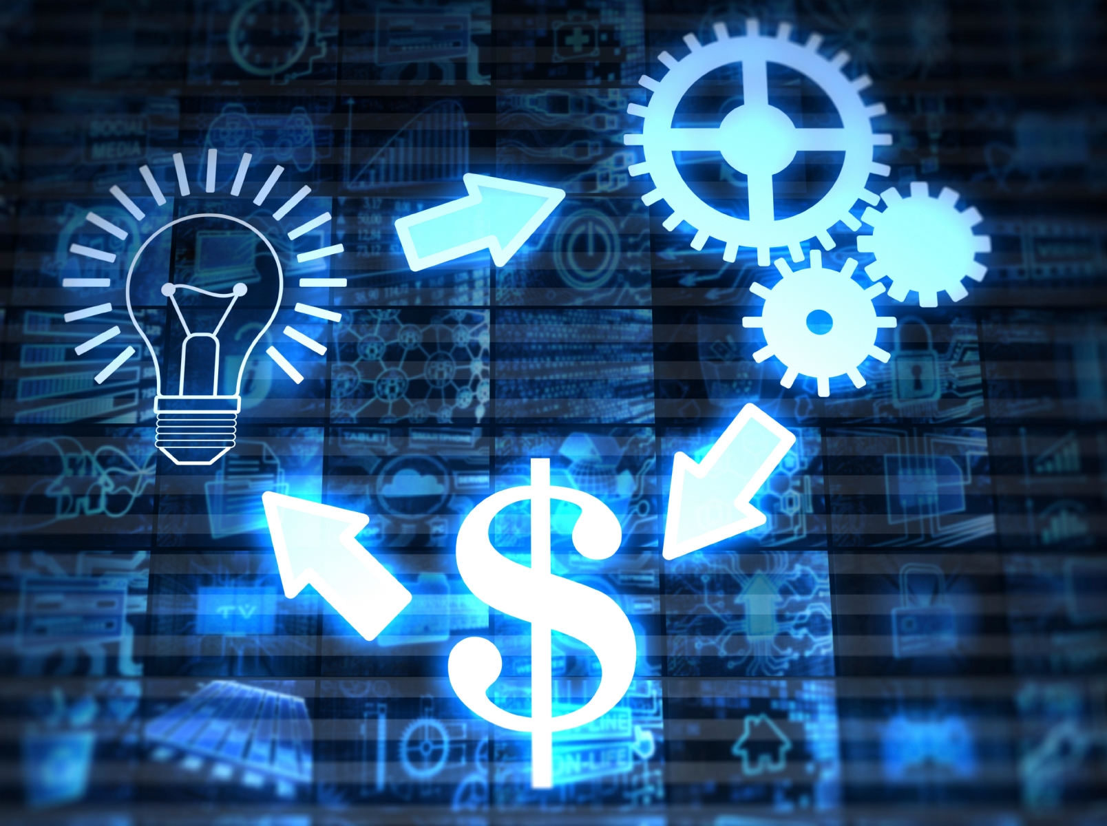 Conceptual representation of innovation and finance, with a lightbulb symbolizing ideas, gears for processes or mechanics, and a dollar sign indicating economic or monetary aspects, all interconnected with arrows, suggesting the dynamic relationship between creativity, operational execution, and financial success.