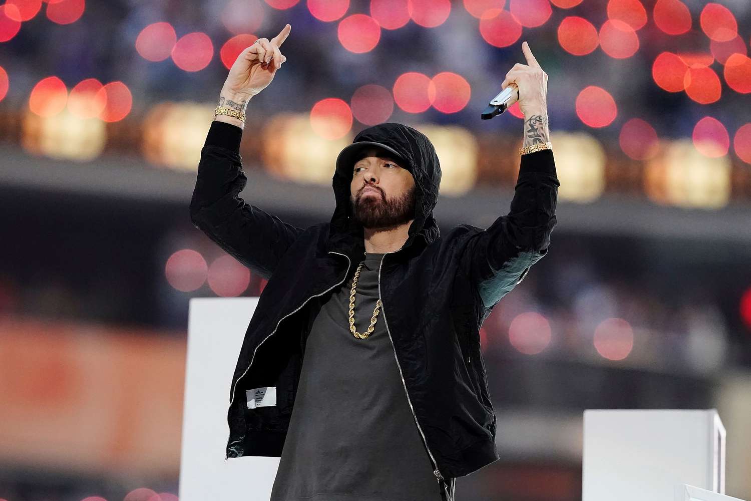 Eminem wearing a black hoodie