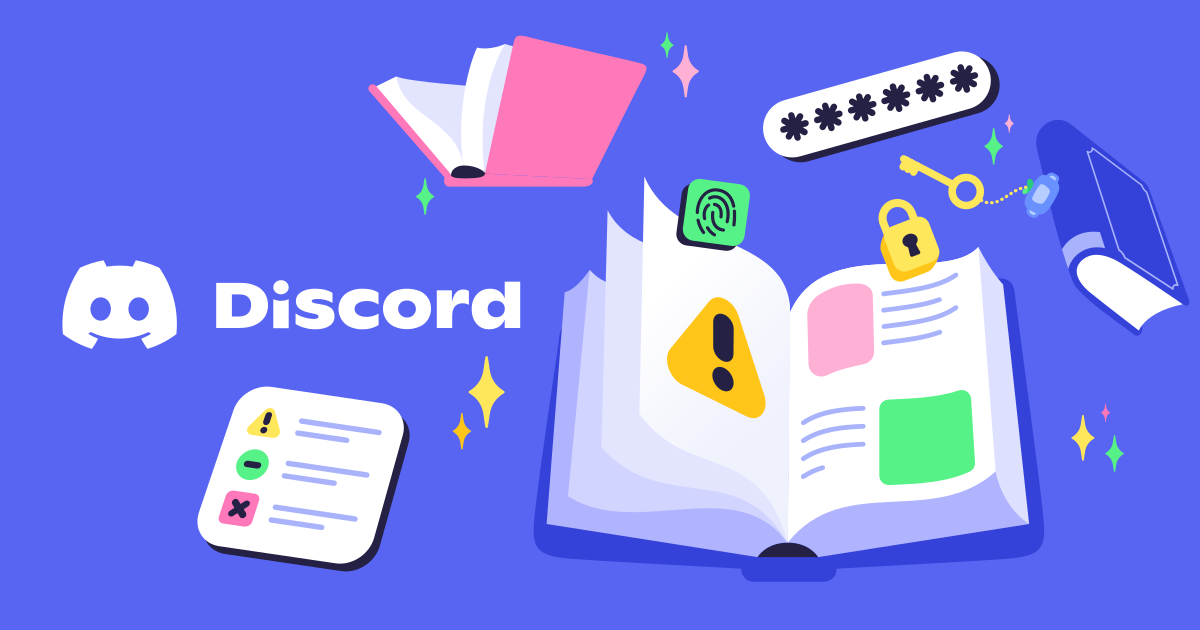 Colorful illustration related to Discord, featuring the Discord logo, an open book, icons representing messages and user profiles, and other imagery suggesting a guide or educational content about the platform.