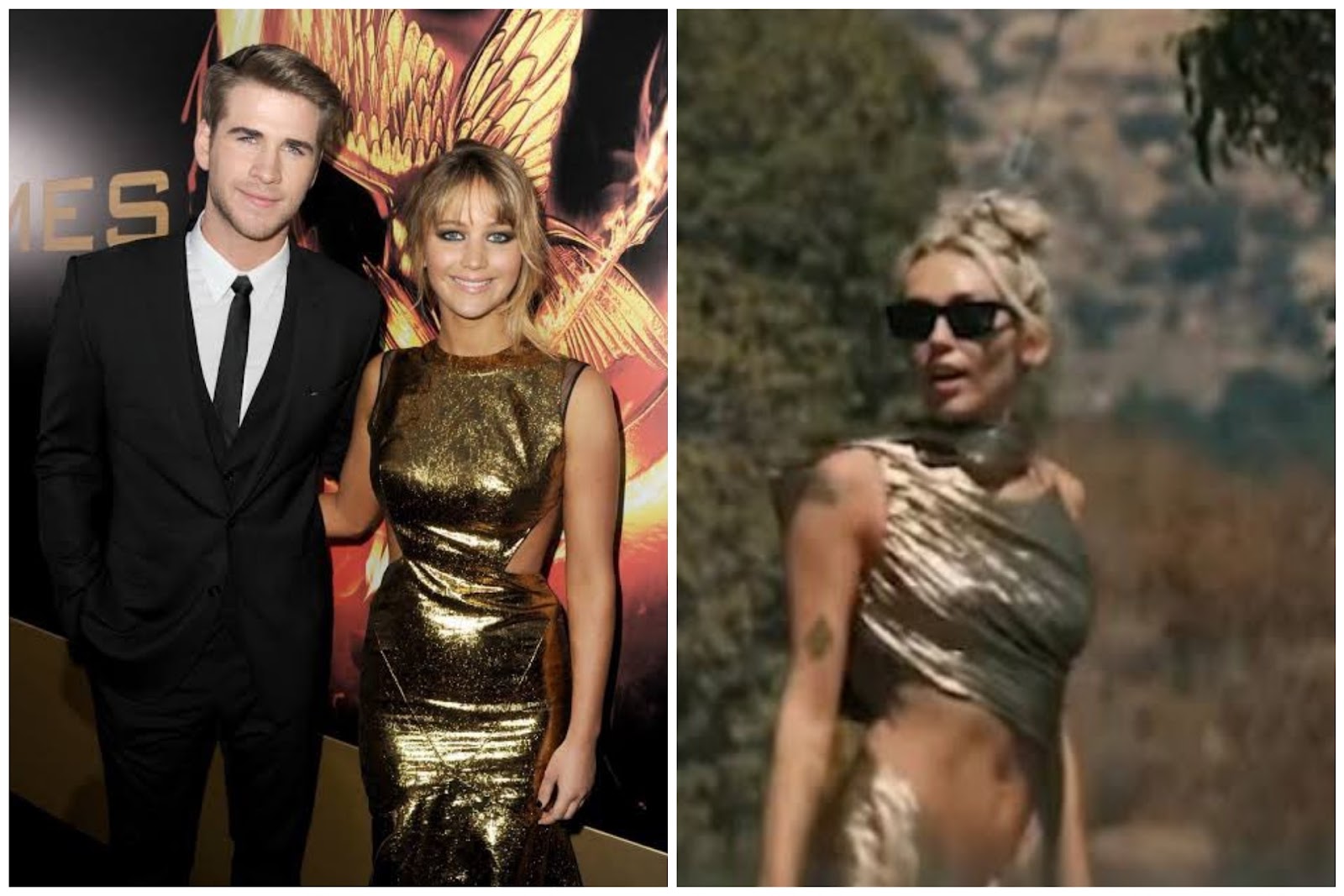 Collage of miley cyrus in "Flowers" MV and liam hemsworth and jennifer lawrence together at premiere
