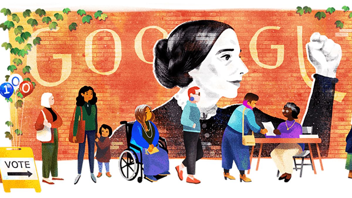 Diverse group of people with a large portrait of a woman in the background, integrated into the Google logo, which likely celebrates a significant figure or event related to social unity and progress.