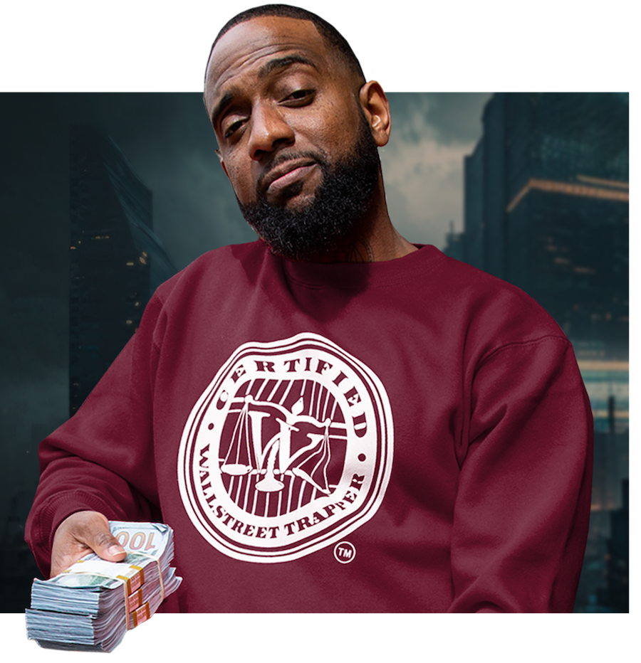 Leon howard wearing a mehroon shirt with wall street logo on it and holding money in hand