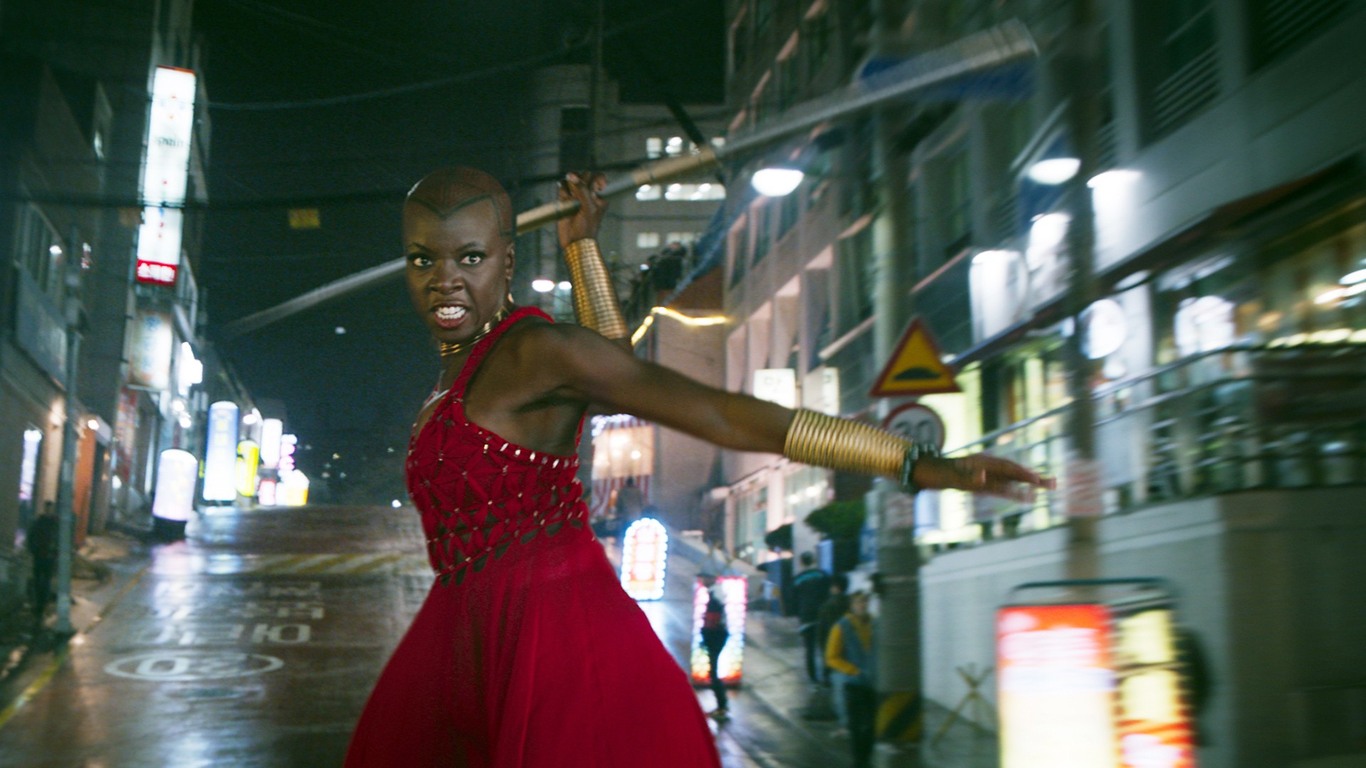 Danai Gurira acting as Okoye during a scene in Black Panther