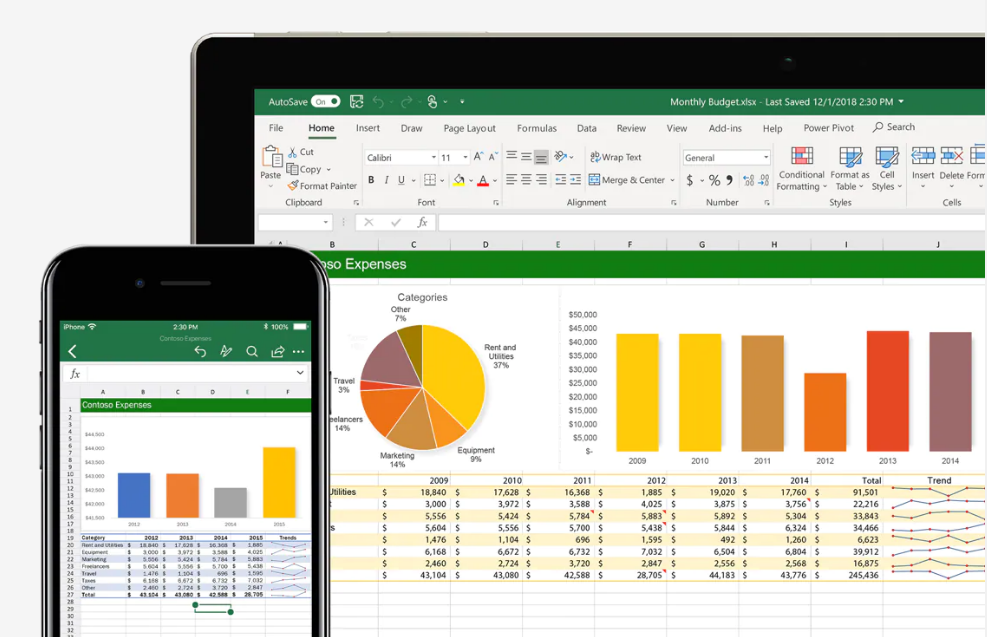Multiple devices showing Excel spreadsheets with charts and data, illustrating the software's cross-platform capability and how it can be used for visual data representation and analysis.