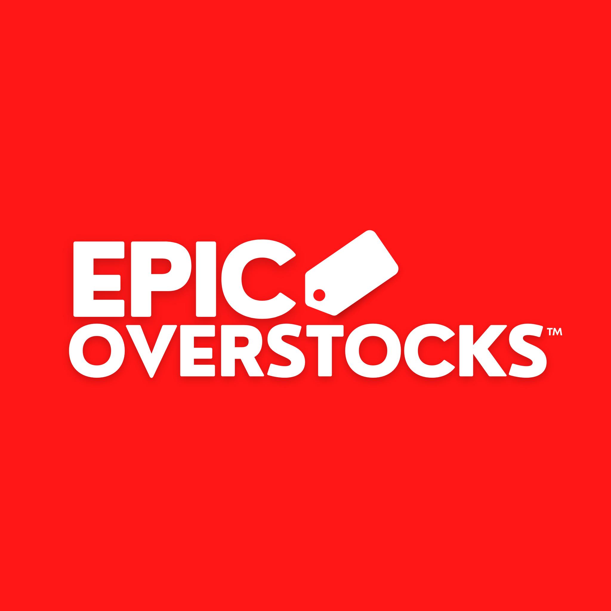  A price tag on a red background with the text "EPIC OVERSTOCKS" in white.