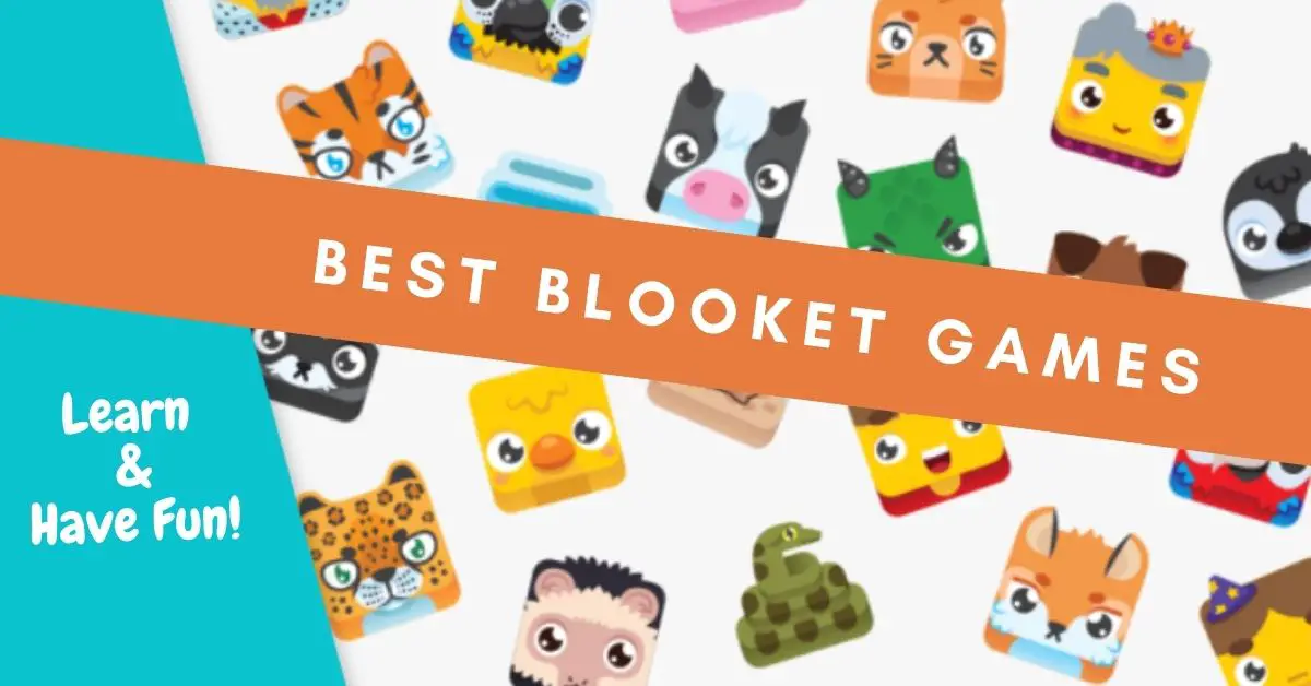 Colorful cartoon animal characters promoting "Best Blooket Games" for learning and fun.