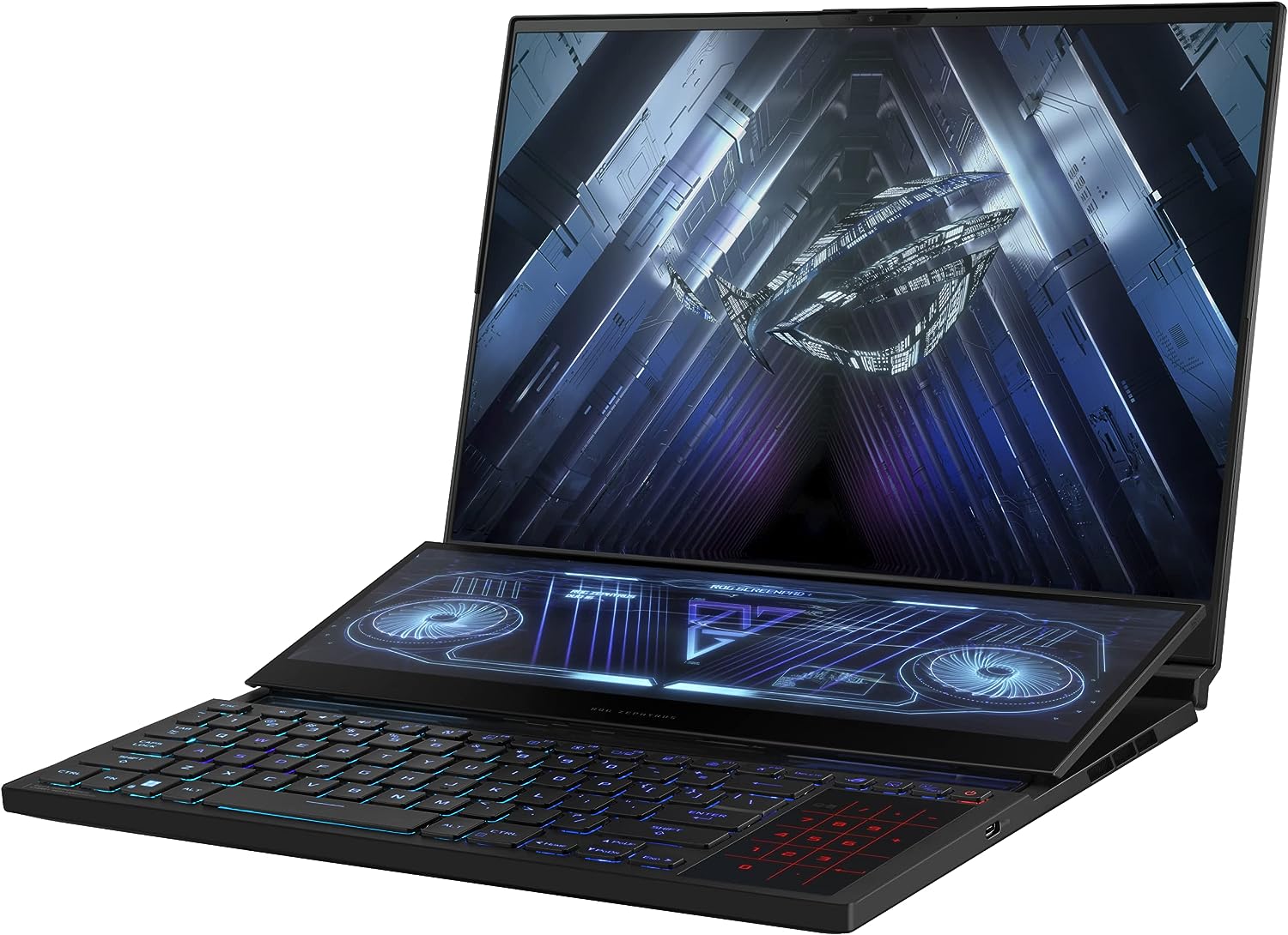 A black Asus ROG Zephyrus Duo 16 laptop