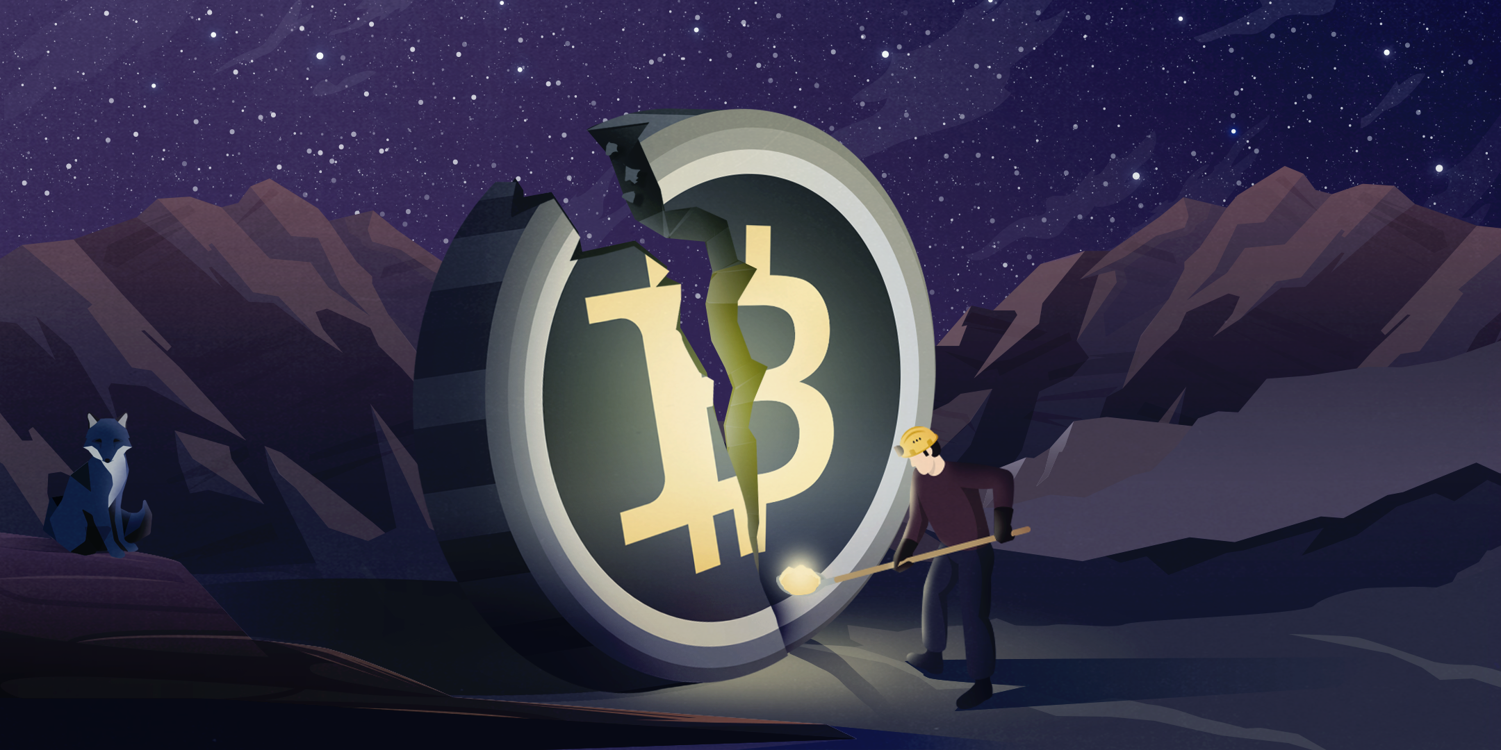 An illustration of a man in a miner's hat and overalls using a pickaxe to break into a giant Bitcoin.