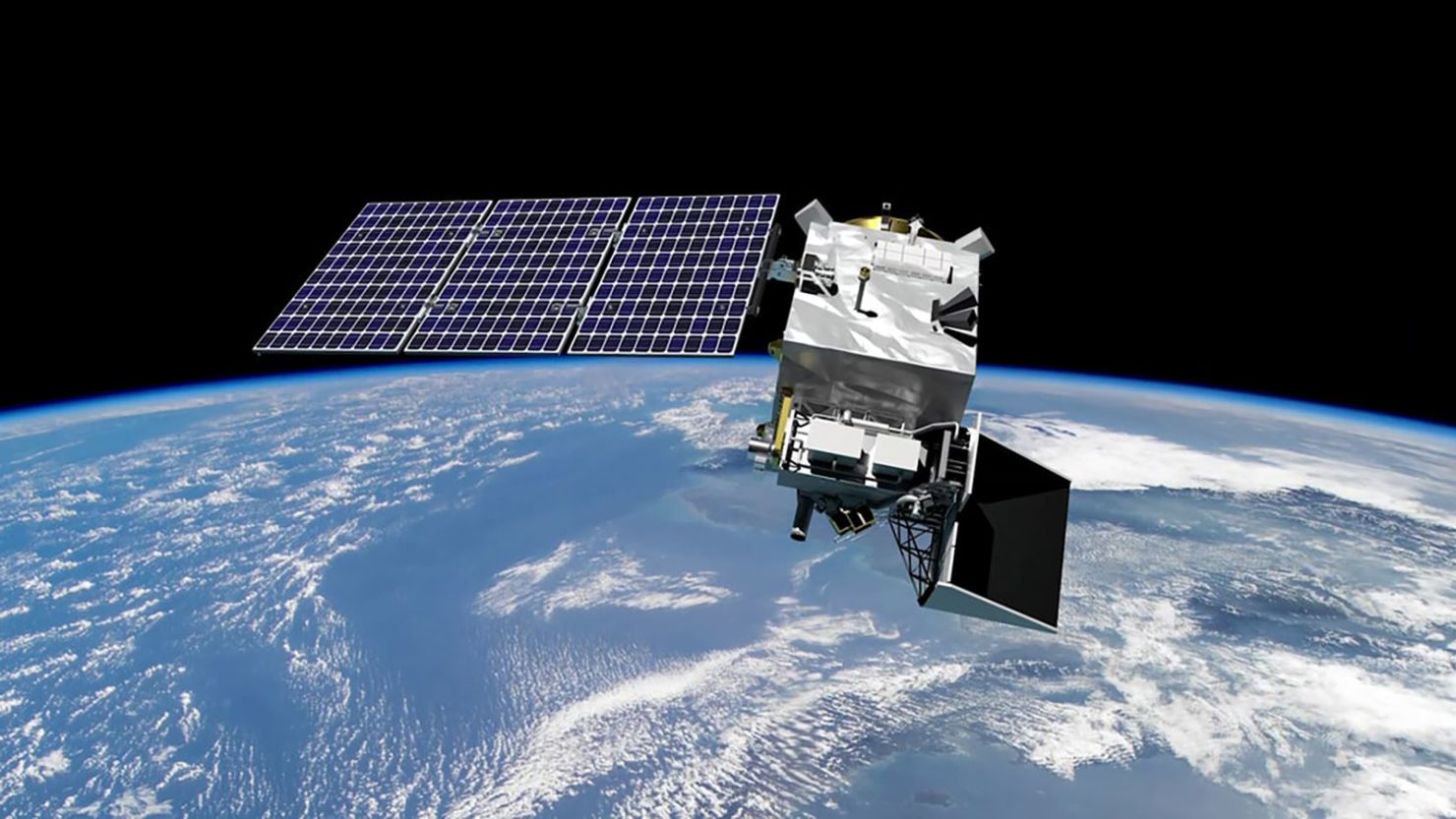 An illustration of the PACE satellite in space hovering above the Earth