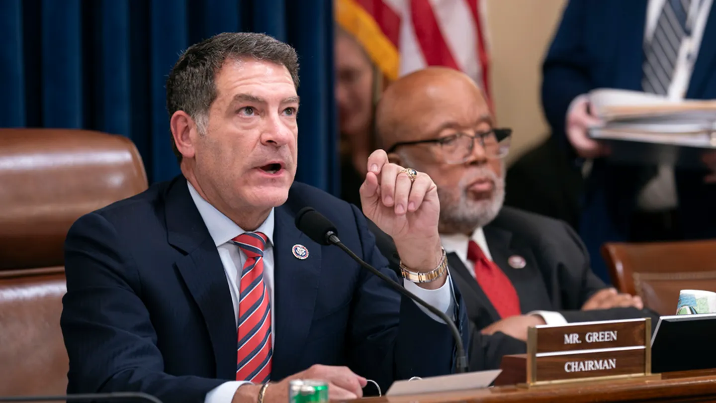 Chairman Mark Green, R-Tenn., center, joined by Rep. Bennie Thompson, D-Miss., the ranking member, leads the House Homeland Security Committee move to impeach Secretary of Homeland Security Alejandro Mayorkas over the crisis at the U.S.-Mexico border, at the Capitol in Washington, Tuesday, Jan. 30, 2024.
