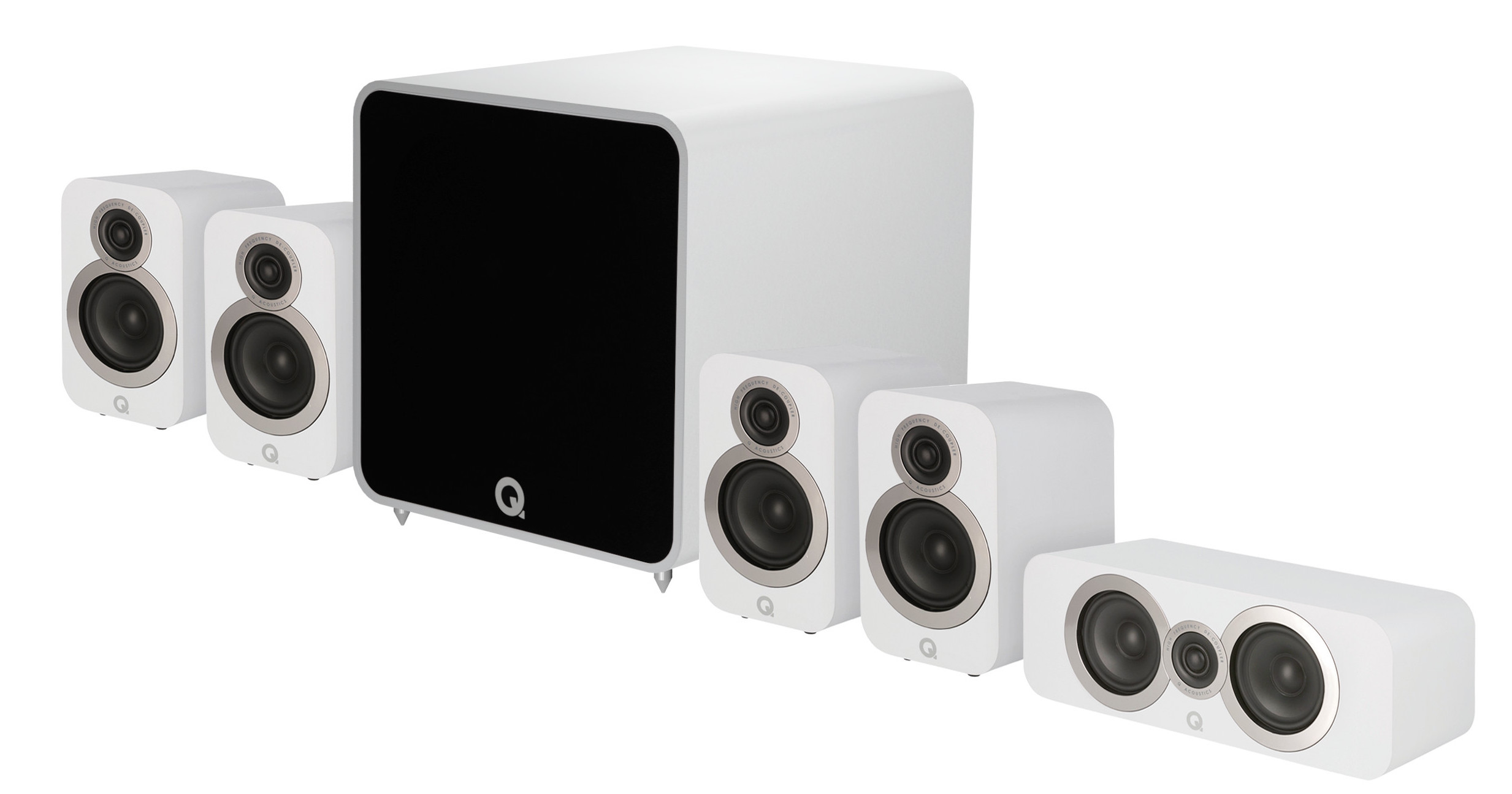 A white Q Acoustics 3010i 5.1 home theater system