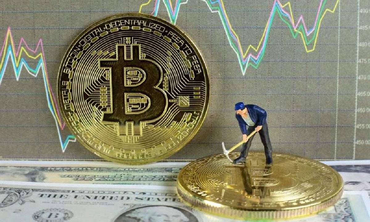 A man mining on Bitcoin, Bitcoin, dollar bill, and a trading chart