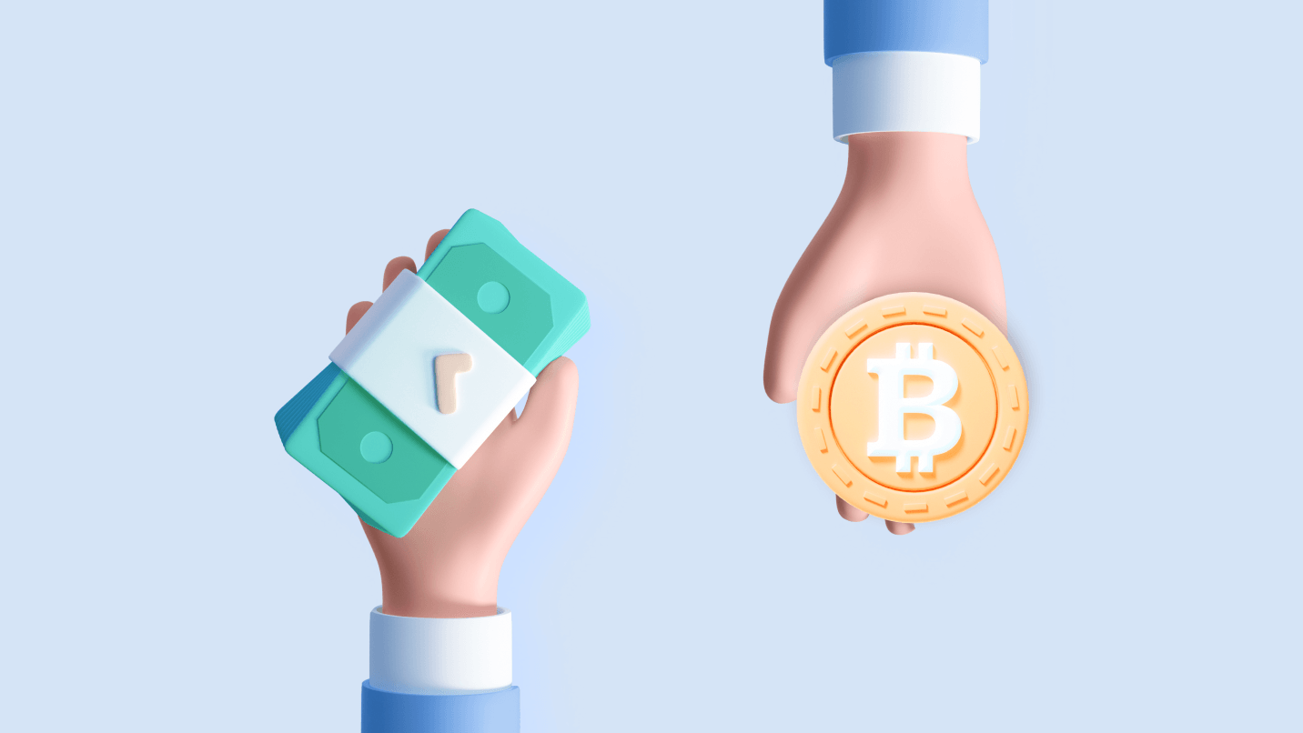 One hand holding cash and other holding Bitcoins