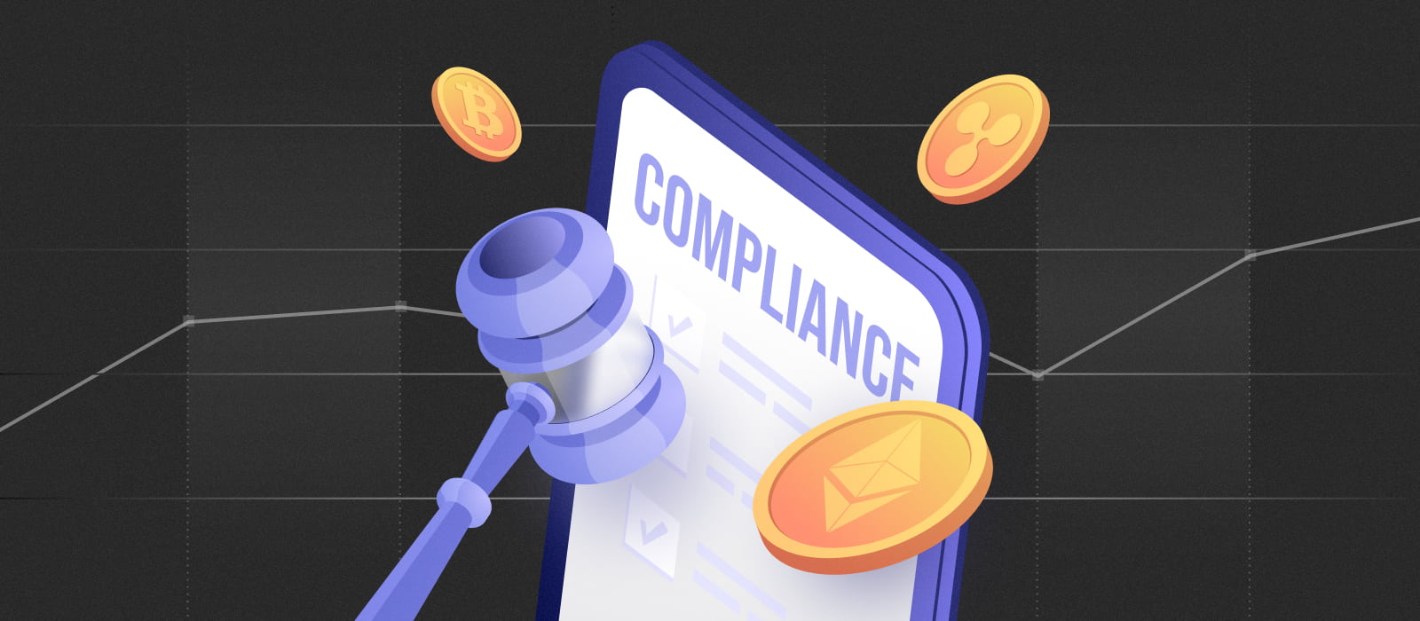 'compliance' written on a notebook, a gavel and altcoin