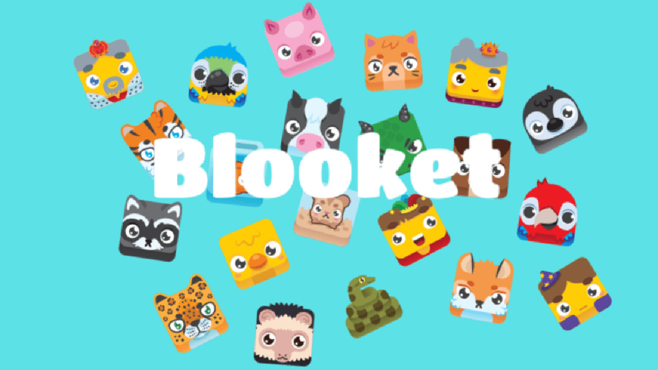 Various colorful animated creatures surround the word "Blooket" on a light blue background.