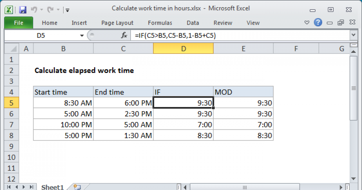 An Excel spreadsheet showing how to calculate hours worked.