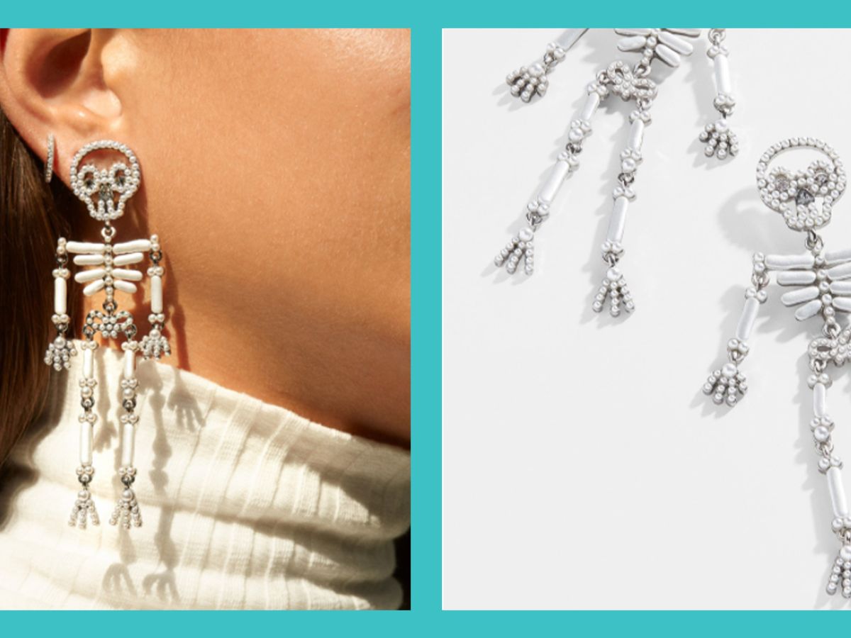 A collage of skeleton earrings and a girl wearing those skeleton earrings