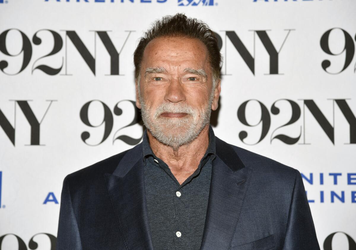 Arnold Schwarzenegger wearing a gray suit