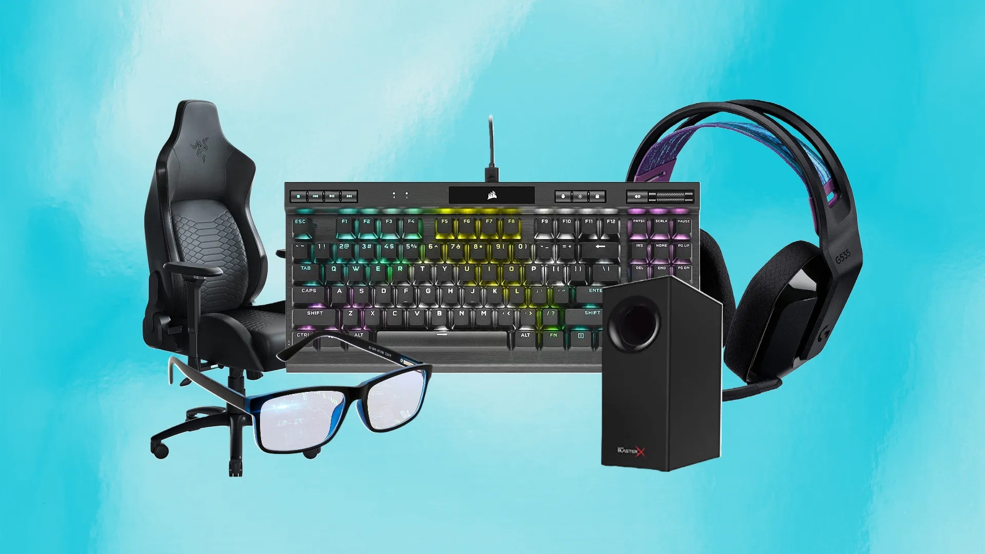 Gaming chair, keyboard, headset, glasses, and speaker