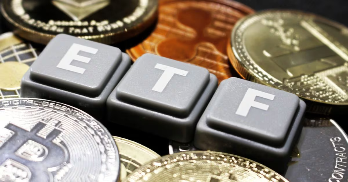 Bitcoins next to ETF alphabet blocks