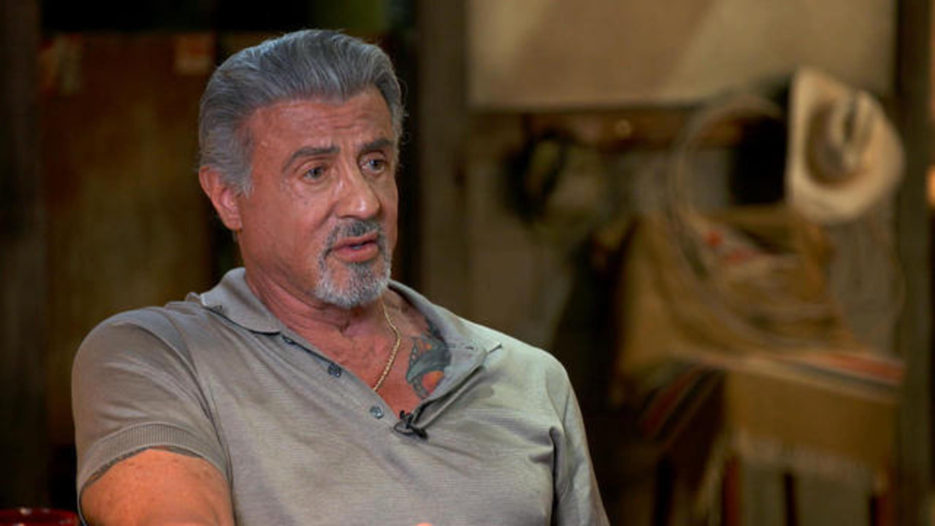 Sylvester Stallone wearing a gray polo shirt